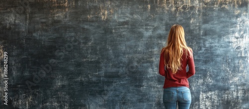 Concerned woman in maroon top facing gray textured wall representing anxiety and indecision in work or study absence with copy space left for text.