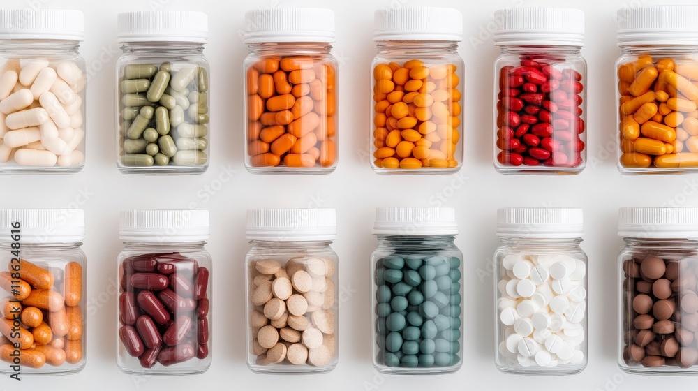 Colorful Variety of Pills in Clear Bottles on White Background Colorful Variety of Pills in Clear Bottles on White Background