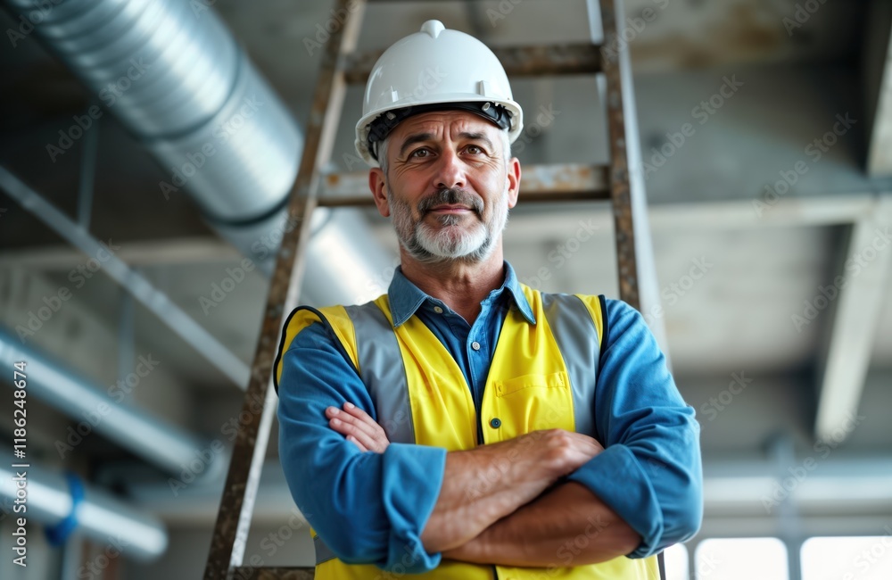Experienced maintenance worker stands confidently on construction ladder. Worker wears hard hat, safety vest. In industrial worksite. Construction project in progress. Worker displays pro competence, Experienced maintenance worker stands confidently on construction ladder. Worker wears hard hat, safety vest. In industrial worksite. Construction project in progress. Worker displays pro competence,