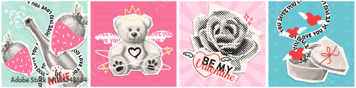 halftone valentine's day collage covers set, romantic card with cutout paper elements, love poster with dotted icons