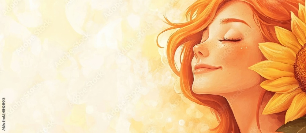 Smiling girl with vibrant red hair holding a bright sunflower with warm yellow background and ample copyspace for text in a cheerful atmosphere Smiling girl with vibrant red hair holding a bright sunflower with warm yellow background and ample copyspace for text in a cheerful atmosphere