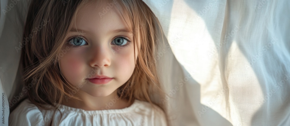 Thoughtful young girl with blue eyes gazing at the camera, surrounded by soft white fabric, conveying a serene mood in natural light. Thoughtful young girl with blue eyes gazing at the camera, surrounded by soft white fabric, conveying a serene mood in natural light.