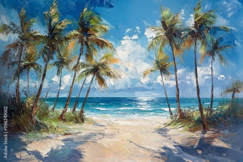 Tropical beach with palm trees swaying under a vibrant sky and waves lapping ...