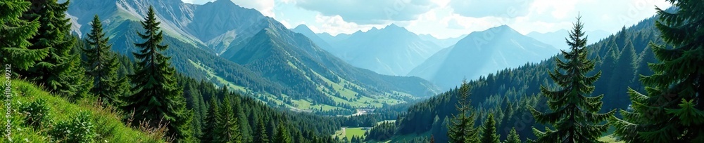 Fototapeta premium Dense foliage of coniferous pines in the mountains, pines, foliage,