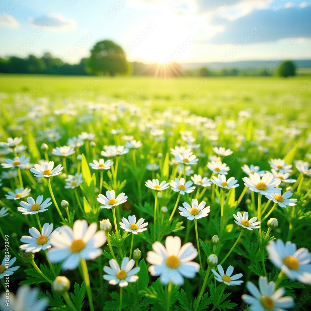 Fototapeta premium Delicate white gypsophila flowers scattered on a sun-kissed open field, open ground, botanical, countryside