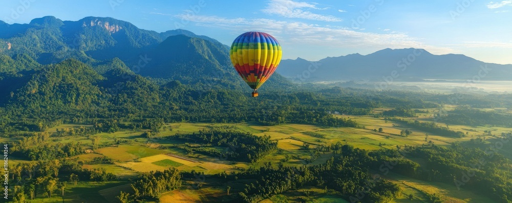 Fototapeta premium Colorful hot air balloons floating above a vast valley, adventurous travel concept, bright and vibrant photography.