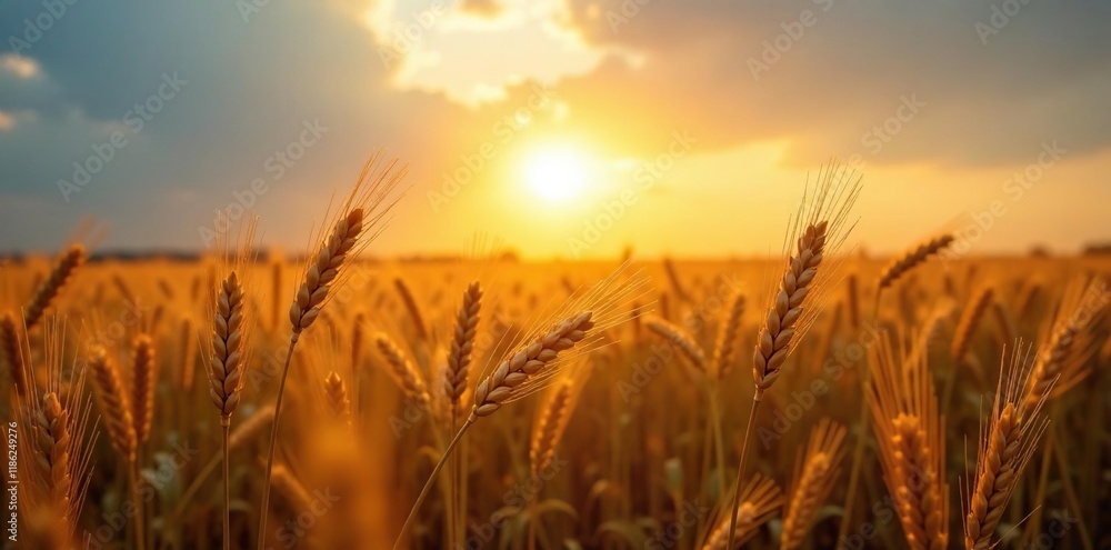 Fototapeta premium Barley stalks stretching towards a fading sun, fields, barley, sky