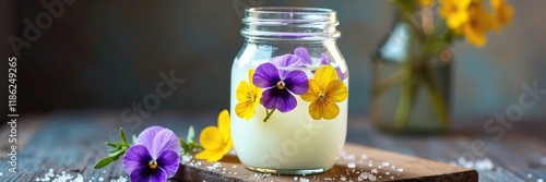Delicate violas preserved in a glass jar filled with chilled milk, soft focus, water immersion