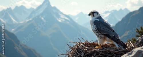 Dreamy gray and white falcon in high mountain nest, serene landscape, gray, white