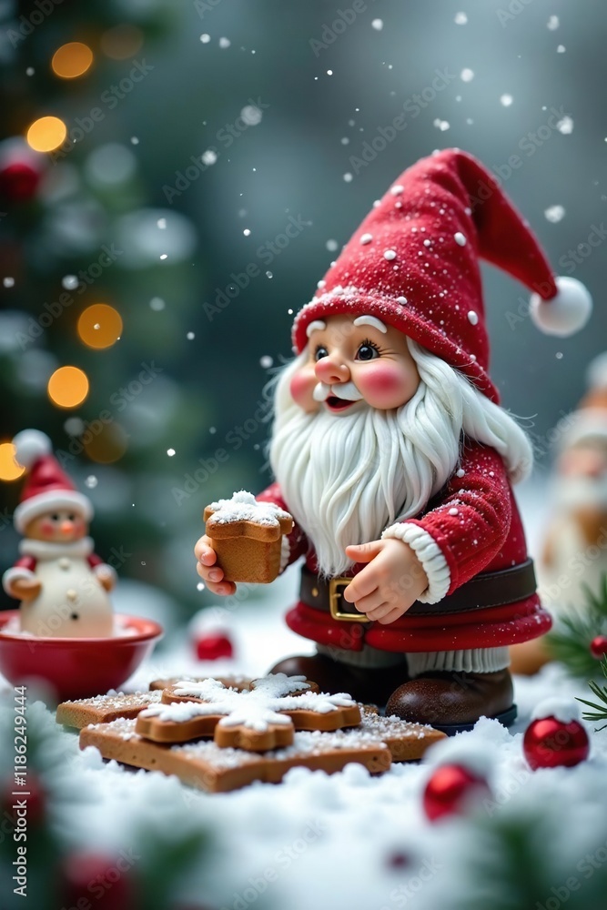 Gnome making gingerbread treats in a snow-covered holly garden, snow, sweet treats Gnome making gingerbread treats in a snow-covered holly garden, snow, sweet treats