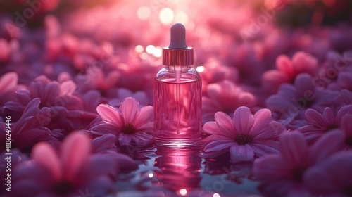 Elegant beauty serum bottle surrounded by soft pink flowers on a tranquil blu...
