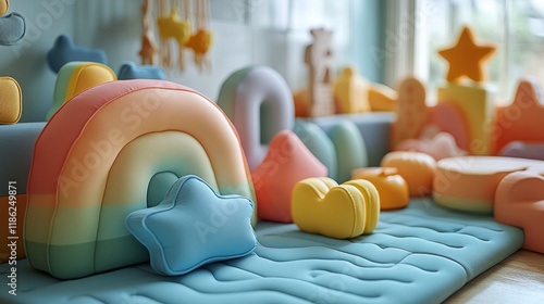 Colorful plastic play pieces lined up on a textured mat in a playful indoor e...