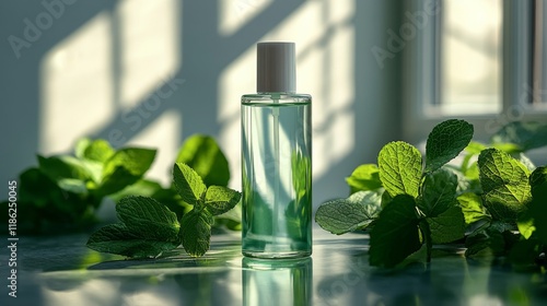 Refreshing essence with citrus and green leaves arranged beautifully on a sof...