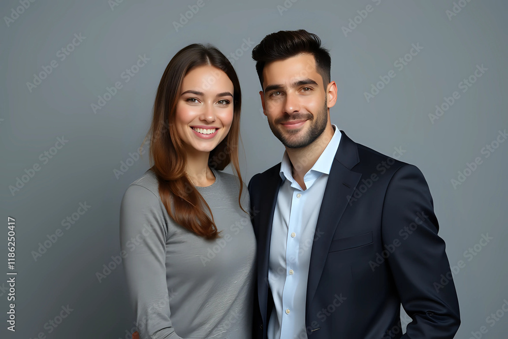 Business partners posing in front of gray background, looking at camera and smiling. Business partners posing in front of gray background, looking at camera and smiling.