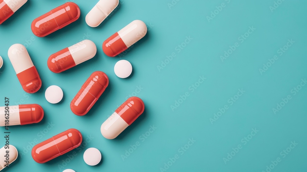 Red and White Capsules on Blue Background for Health Concepts Red and White Capsules on Blue Background for Health Concepts