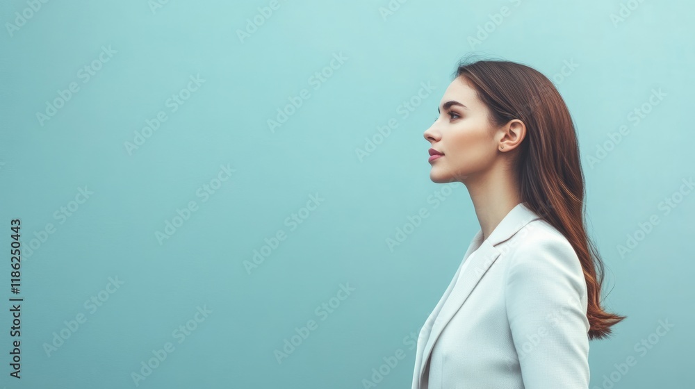 Young businesswoman in profile against a soft teal background, exuding confidence and professionalism, ideal for corporate and motivational themes. Young businesswoman in profile against a soft teal background, exuding confidence and professionalism, ideal for corporate and motivational themes.