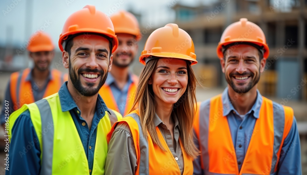 Smiling construction workers in orange helmets, safety vests stand on construction site. Teamwork, camaraderie among diverse employees evident. Look happy, pro. Project, site location implied. Happy Smiling construction workers in orange helmets, safety vests stand on construction site. Teamwork, camaraderie among diverse employees evident. Look happy, pro. Project, site location implied. Happy