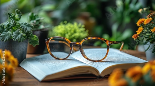 Stylish sunglasses resting on an open book surrounded by potted plants in a c...