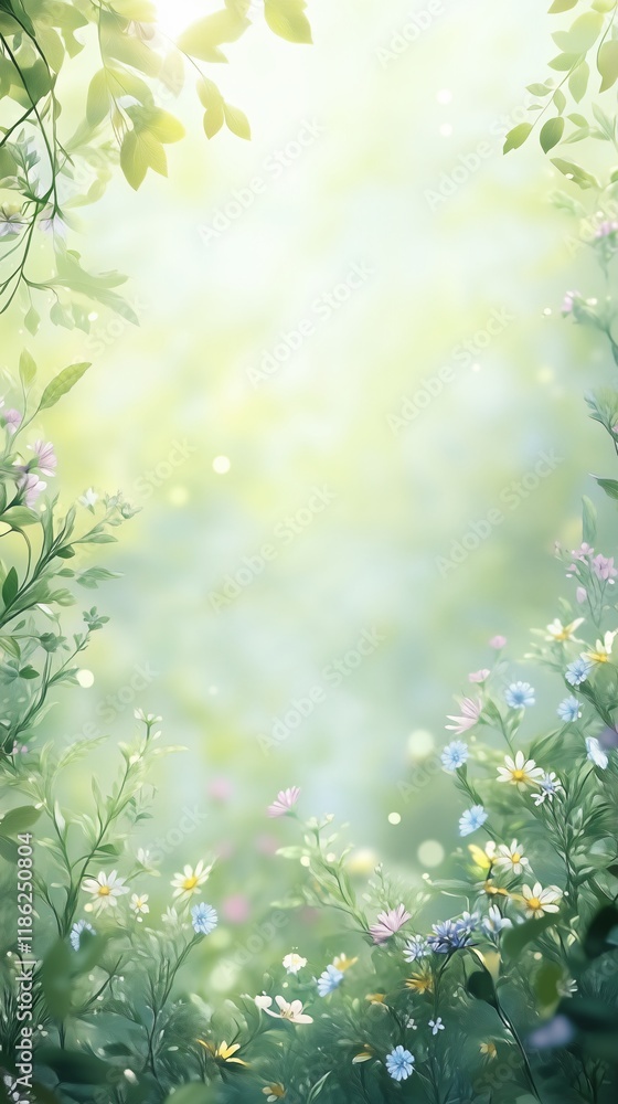 Dreamy garden wedding invitation background with greenery and wildflowers. Magical atmosphere.Copy space. Generative AI Dreamy garden wedding invitation background with greenery and wildflowers. Magical atmosphere.Copy space. Generative AI