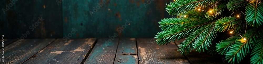 Obraz premium Shimmering green and yellow tinsel fir tree nestled among dark wooden boards, winter, dark background, decoration