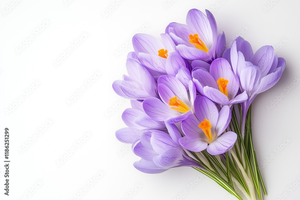 Fototapeta premium Purple crocuses for a greeting card on a white background with copy space