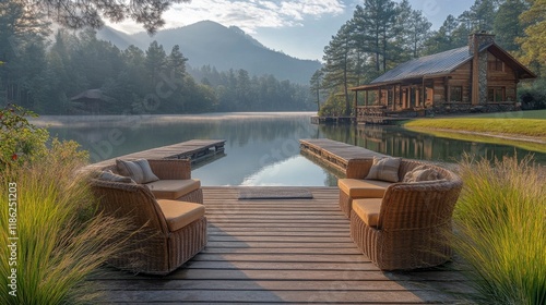 Tranquil cabin by the lake at sunrise surrounded by lush greenery