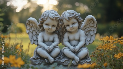 Duo of cherubic angels nestled among vibrant yellow flowers during sunset