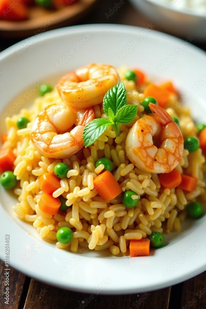 Shrimp fried rice with peas and carrots on a white plate, textures, colors, garnish Shrimp fried rice with peas and carrots on a white plate, textures, colors, garnish