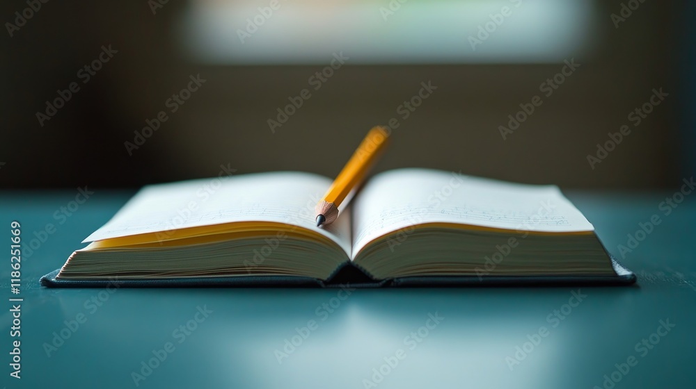 Naklejka premium Open book on wooden table with pencil against a blue textured background