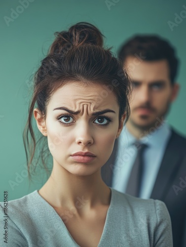 Worried female marketing professional with furrowed brow against muted green background, male business leader in soft focus, expressing tension and concern. photo