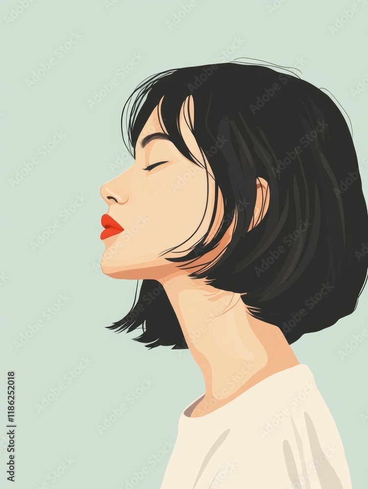Stylized profile portrait of Asian woman with short black hair and bold red lips against a soft light green background, ideal for text overlay. Stylized profile portrait of Asian woman with short black hair and bold red lips against a soft light green background, ideal for text overlay.