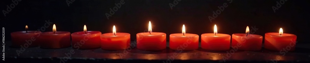 Candles in a flickering row against a somber backdrop, flicker, darkened space, light source Candles in a flickering row against a somber backdrop, flicker, darkened space, light source