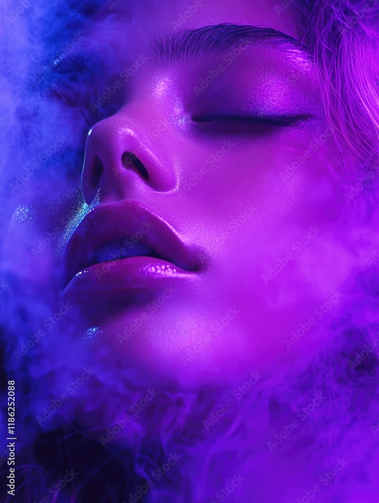 Fototapeta premium Close-up portrait of a young woman with vibrant purple lighting, enveloped in colorful vapor smoke, showcasing serene facial expression and soft features, perfect for creative vaping concepts.