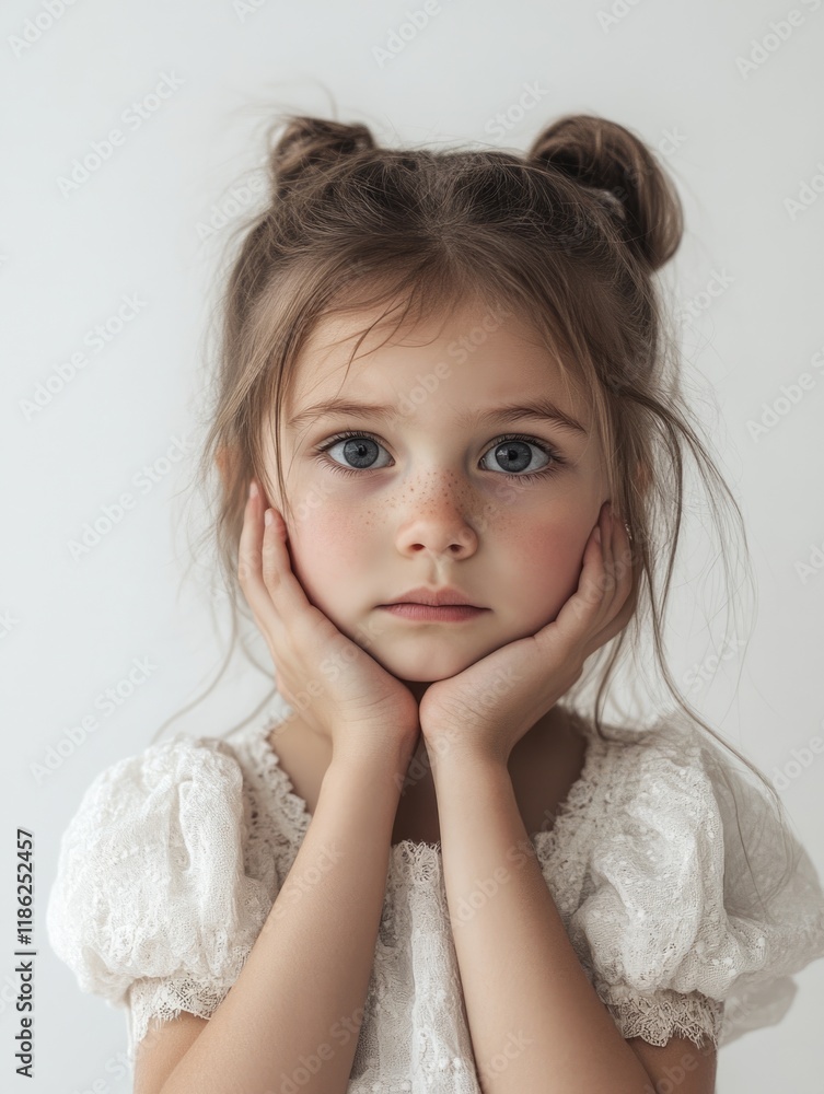 Emotional portrait of a little girl with grey eyes and tousled hair, hands gently holding her face, soft white background, natural light setting for text space. Emotional portrait of a little girl with grey eyes and tousled hair, hands gently holding her face, soft white background, natural light setting for text space.