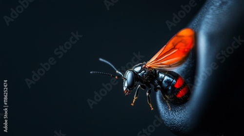 Detailed close-up of a vibrant orange-winged insect perched against a dark background showcasing intricate body features