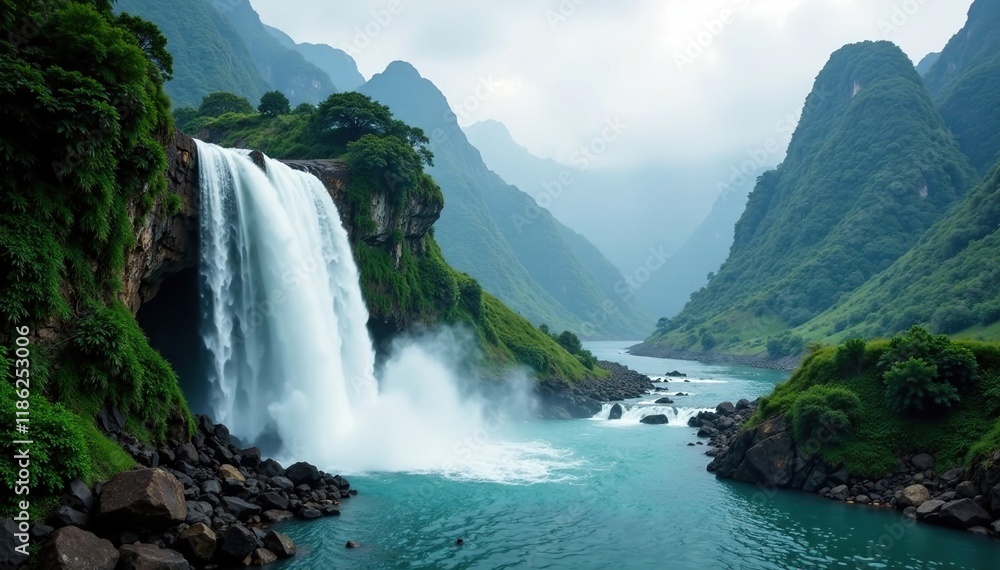 The roar of the Ban Gioc waterfall echoes through the valley, mountains, noise The roar of the Ban Gioc waterfall echoes through the valley, mountains, noise