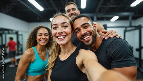 Energetic group selfie by fitness enthusiasts in gym, healthy lifestyle