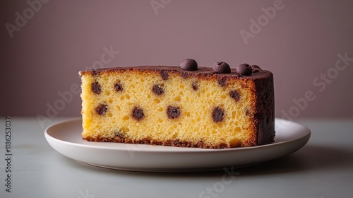 Delicious chocolate chip cake on a plate with a simple background and soft li...
