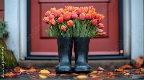 Bright tulips in black rubber boots at a charming front door during autumn