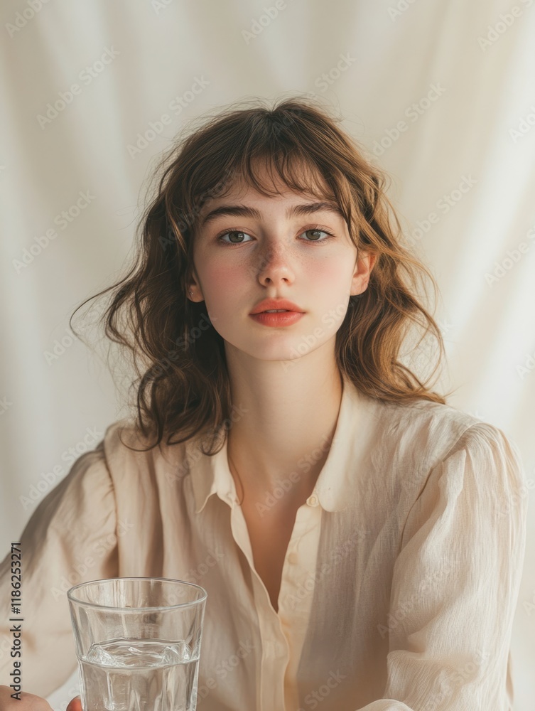 Charming portrait of a young woman with soft waves and natural makeup, holding a glass of water, featuring warm neutral tones and expansive empty space for text in a cozy indoor setting. Charming portrait of a young woman with soft waves and natural makeup, holding a glass of water, featuring warm neutral tones and expansive empty space for text in a cozy indoor setting.