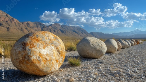 Unique spherical boulders align along a gravel path in a scenic landscape