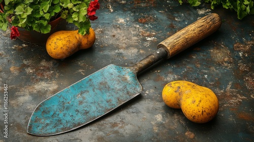 Gardening tools on a textured surface ready for use in outdoor planting activ...