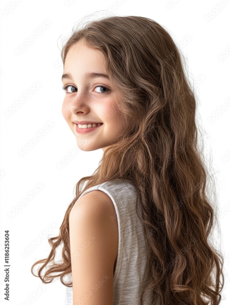 Charming young girl with long wavy hair smiling while turned slightly towards the camera against a bright white background with soft shadows, ample copyspace available.