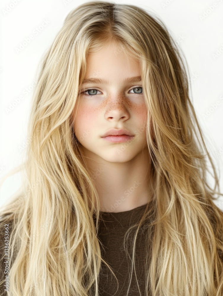 Portrait of a thoughtful boy with flowing long blond hair gazing directly at the camera, set against a bright white backdrop with ample empty space for text. Portrait of a thoughtful boy with flowing long blond hair gazing directly at the camera, set against a bright white backdrop with ample empty space for text.