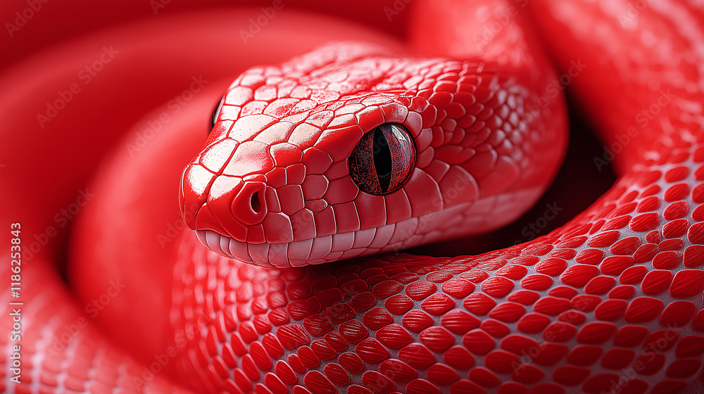 A red snake with black eyes is curled up A red snake with black eyes is curled up