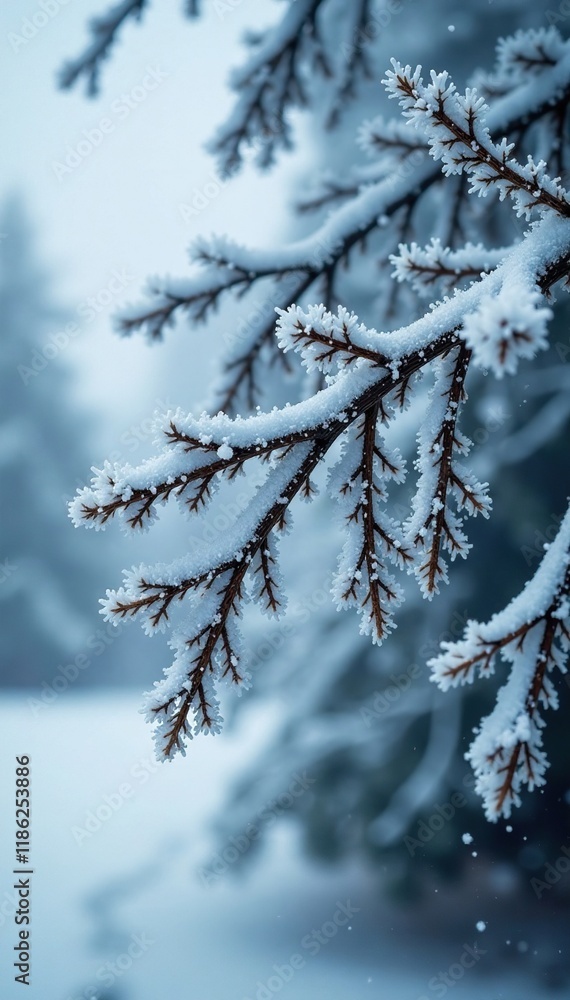 Frosty tree branches with snowflakes gently falling, winter wonderland, frost, snow Frosty tree branches with snowflakes gently falling, winter wonderland, frost, snow