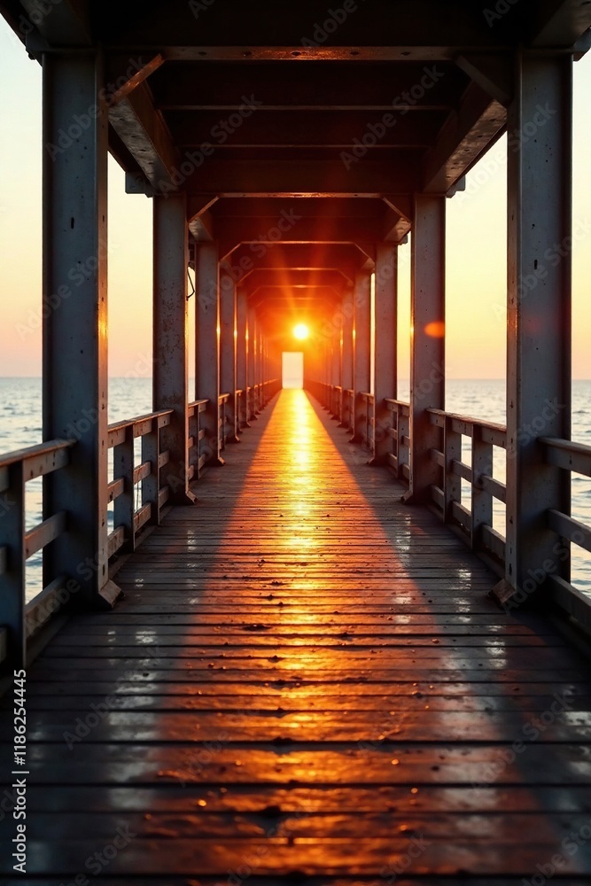 Soft morning light dances across the pier's metal beams and decking, golden hour, warm Soft morning light dances across the pier's metal beams and decking, golden hour, warm