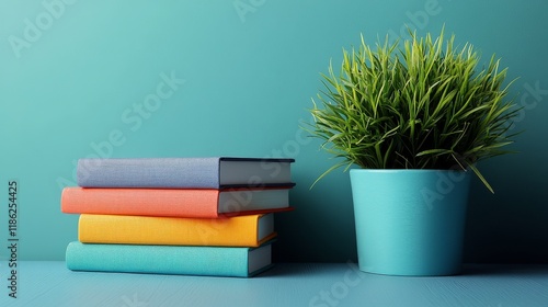 Vibrant stack of books beside a green plant in a modern interior setting