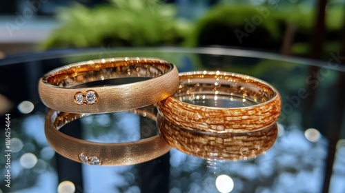 Elegant gold wedding rings displayed on a reflective surface with vibrant fol...
