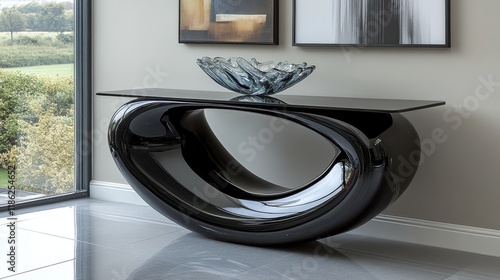 Modern black console table with decorative glass bowl in a contemporary livin...